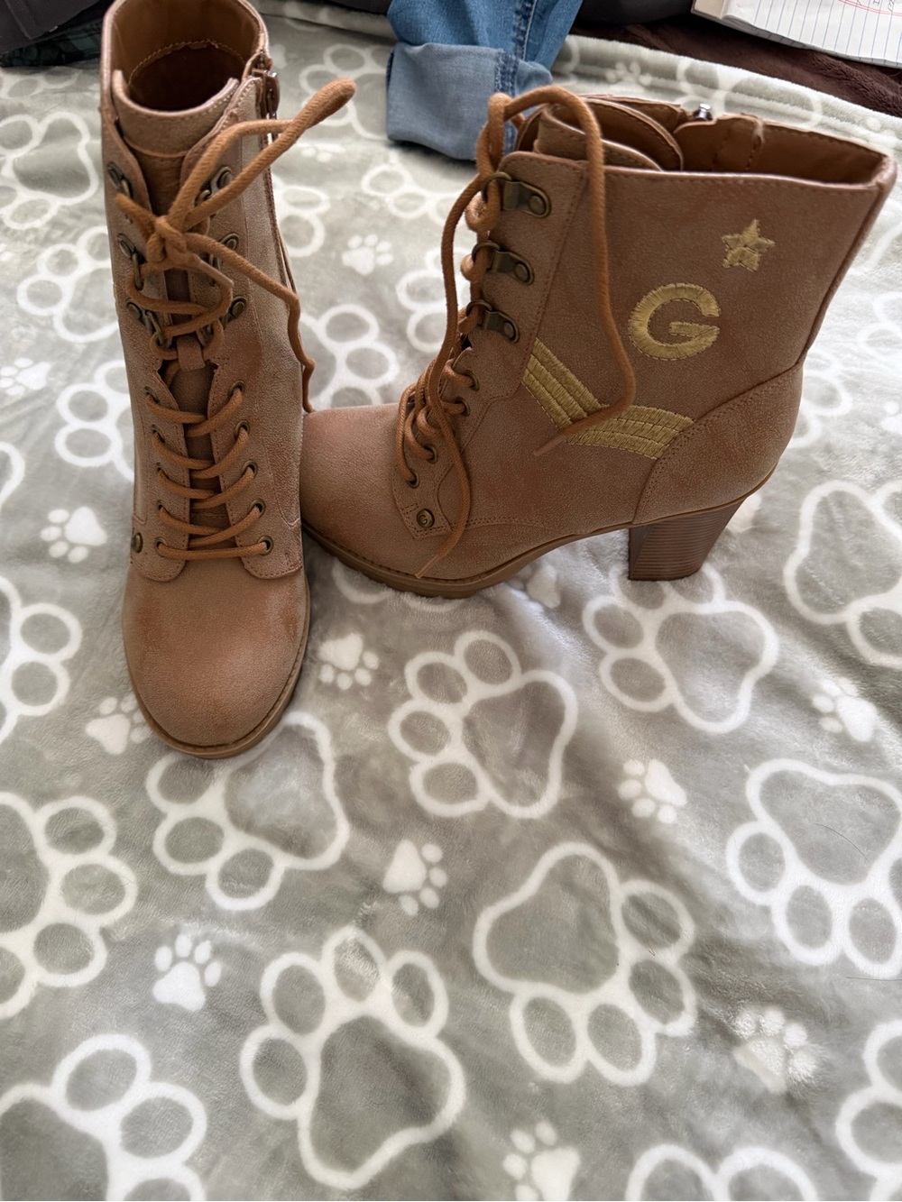 G by Guess Tan Lace-Up Block Heel Ankle Boots